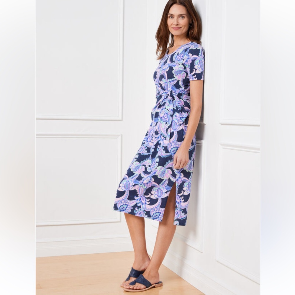 Talbots Nantucket Slub Side Tie Midi Dress Charming Floral Size XL